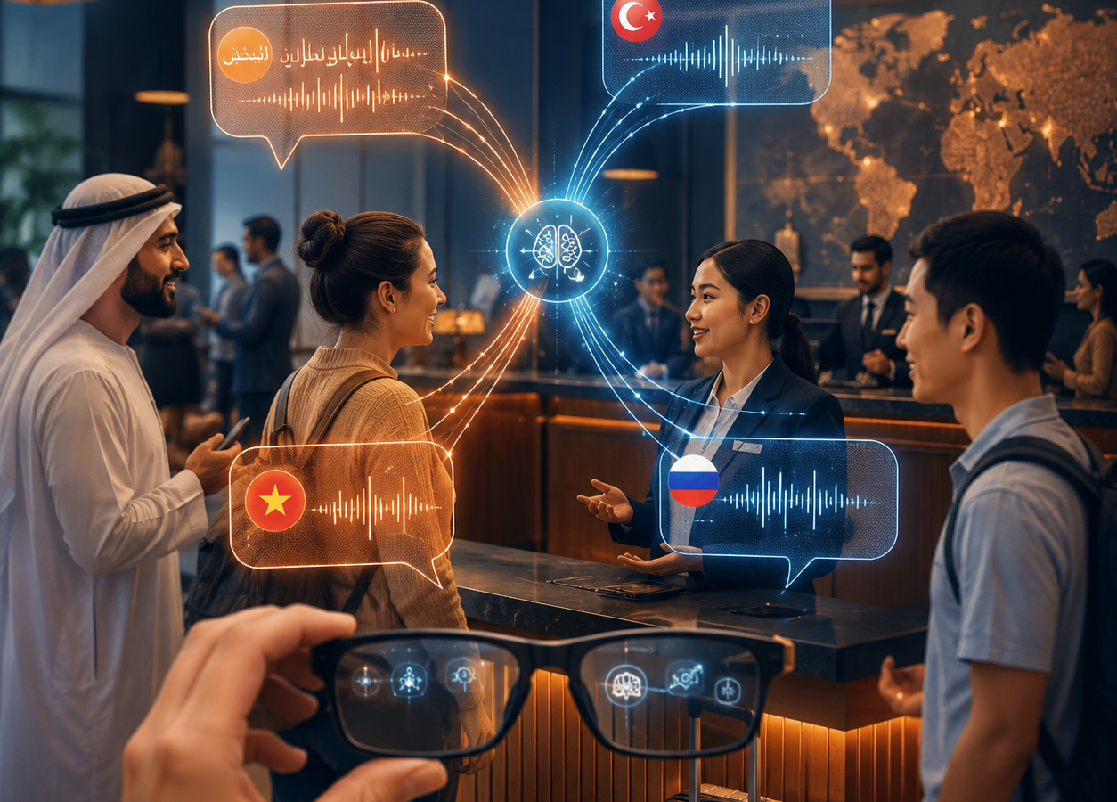 Traveler and Turkish hotel host communicating through AI-powered real-time translation