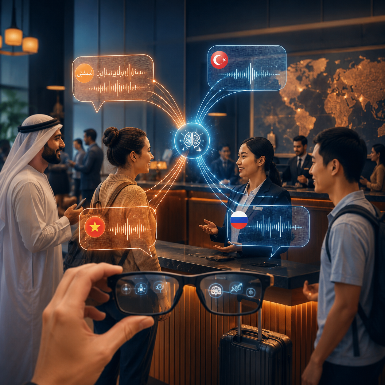 Traveler and Turkish hotel host communicating through AI-powered real-time translation