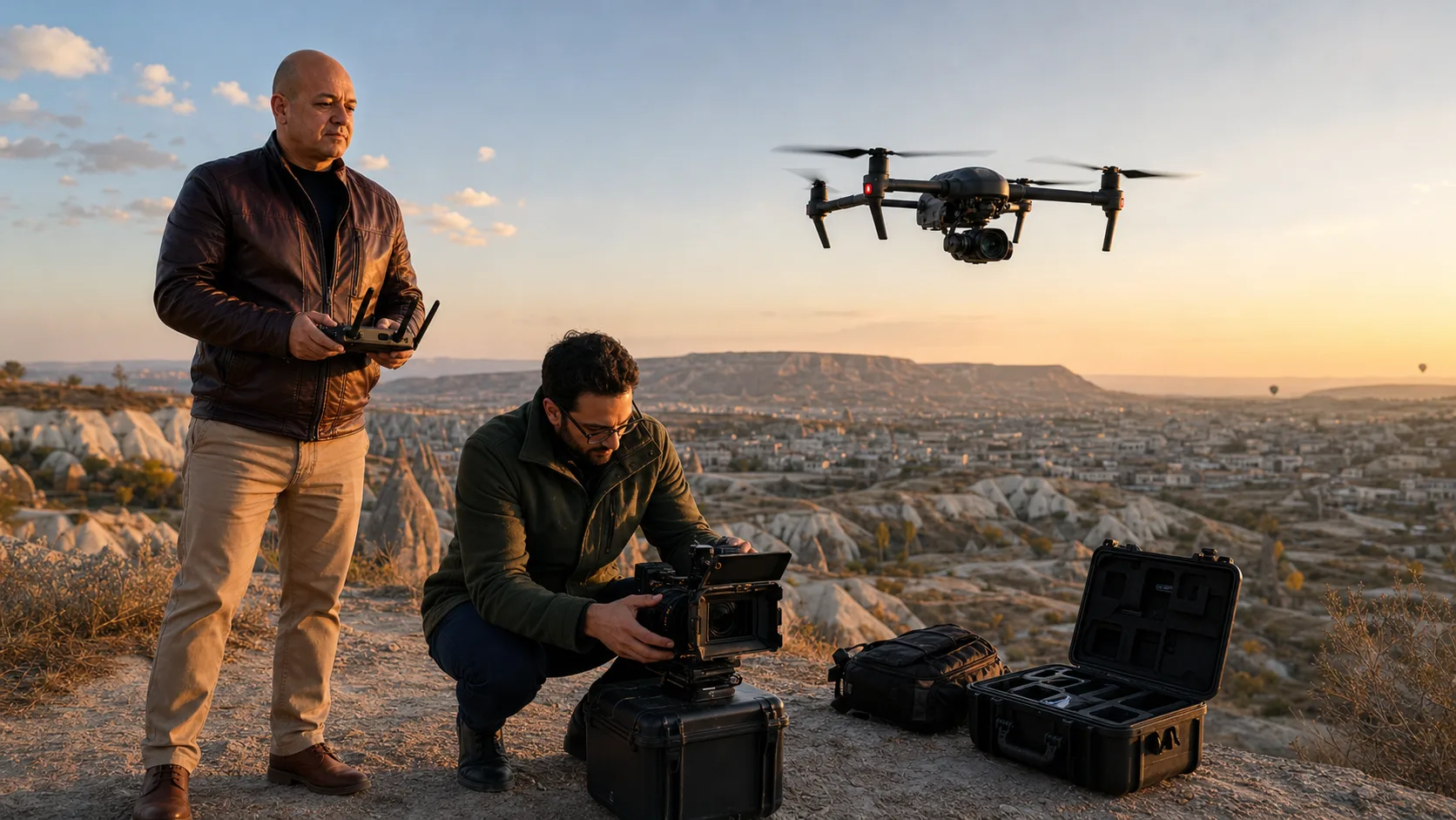 Documentary field crew operating a cinema drone at golden hour
