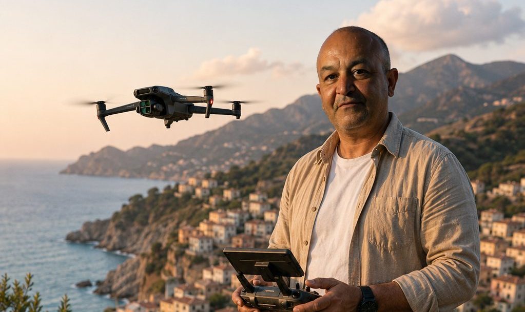 Euro News Agency crew flying a camera drone during an aerial video production shoot at golden hour