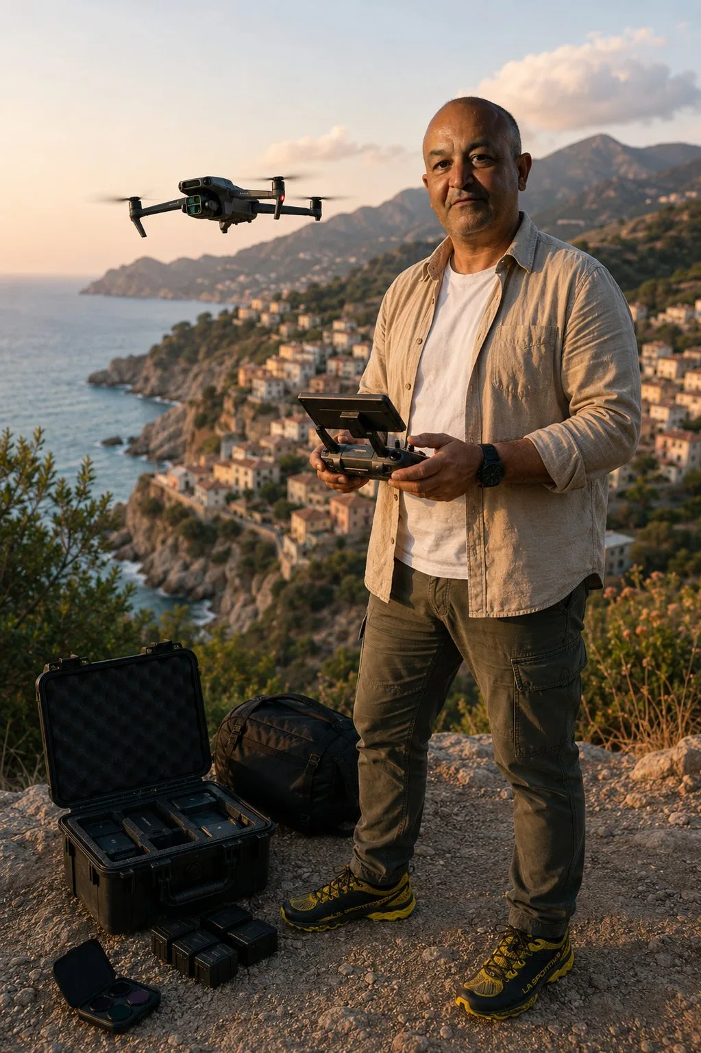 Euro News Agency crew flying a camera drone during an aerial video production shoot at golden hour