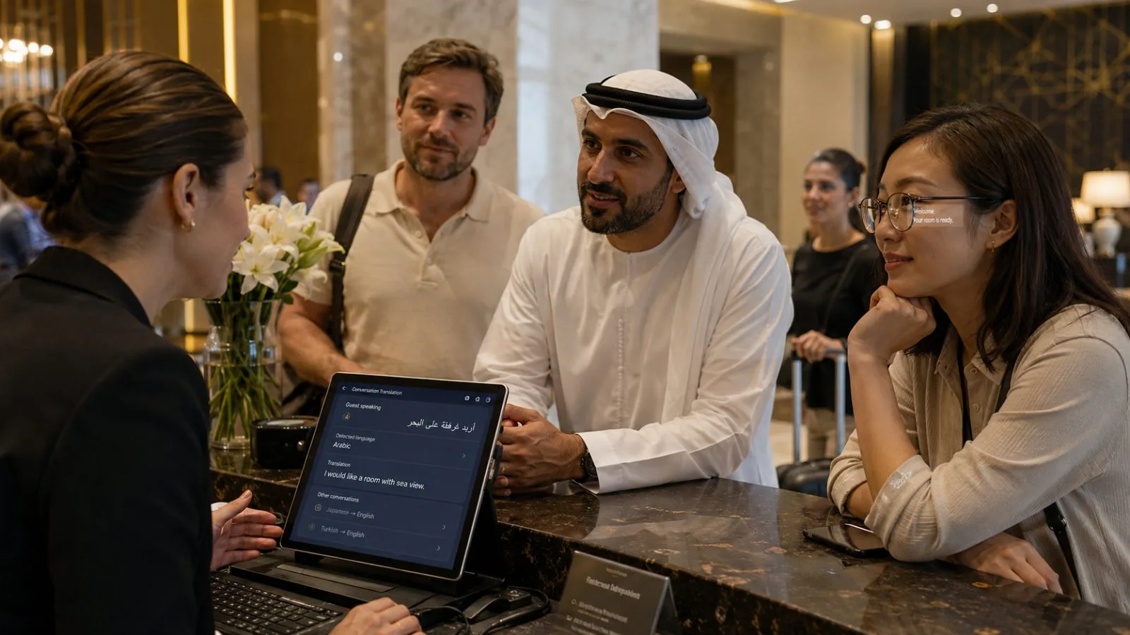 Receptionist and guest at a hotel front desk using a tablet for AI-assisted multilingual guest communication