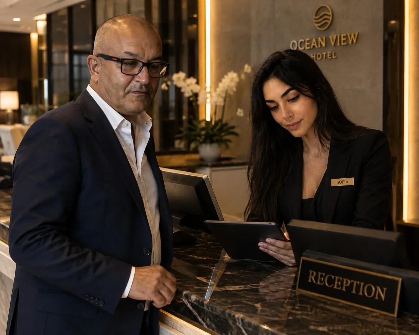 Bourbiza Mohamed at a hotel reception desk as a receptionist shows a real-time translated message on a tablet