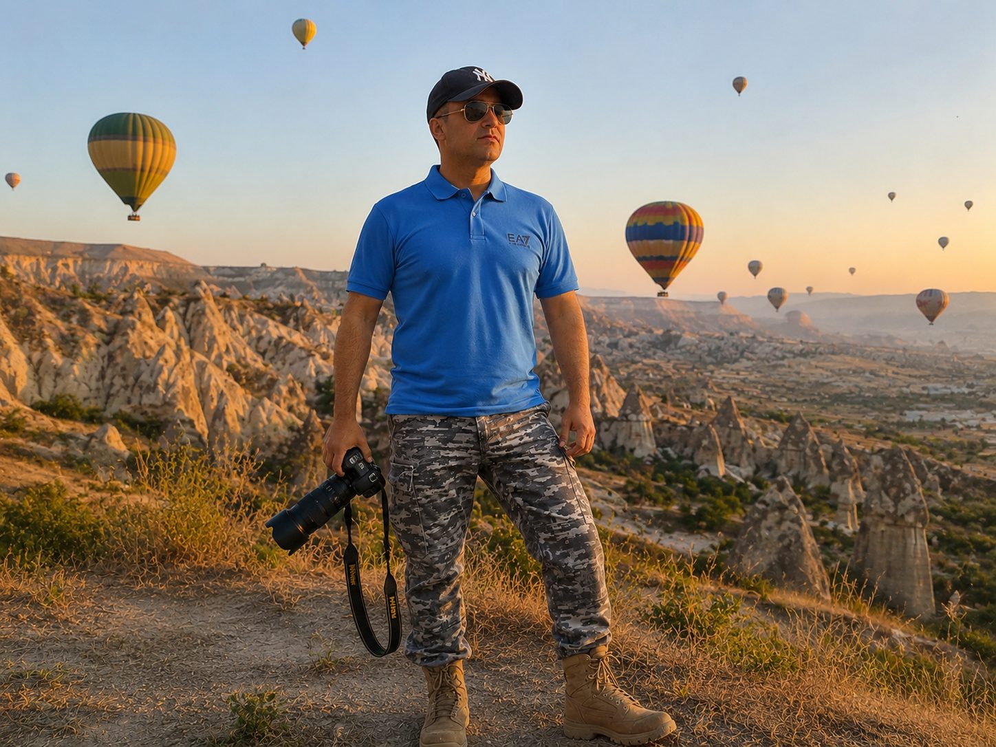 Cappadocia tourism: travel photographer shooting hot air balloons over the valleys of Nevsehir province, Türkiye