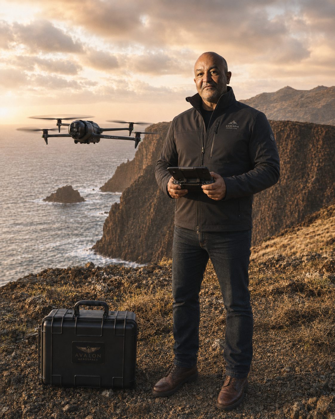 Drone video tourism production — operator flying an aerial camera drone over a coastal cliff at golden hour