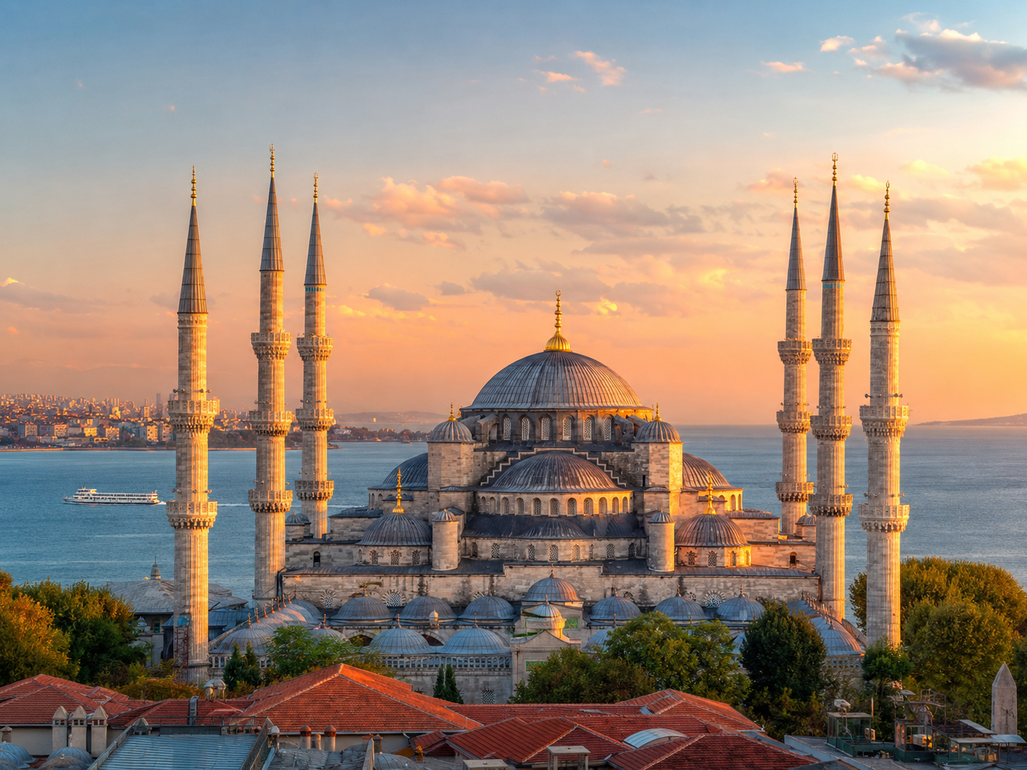 Istanbul drone footage view of the Blue Mosque and Bosphorus at sunset