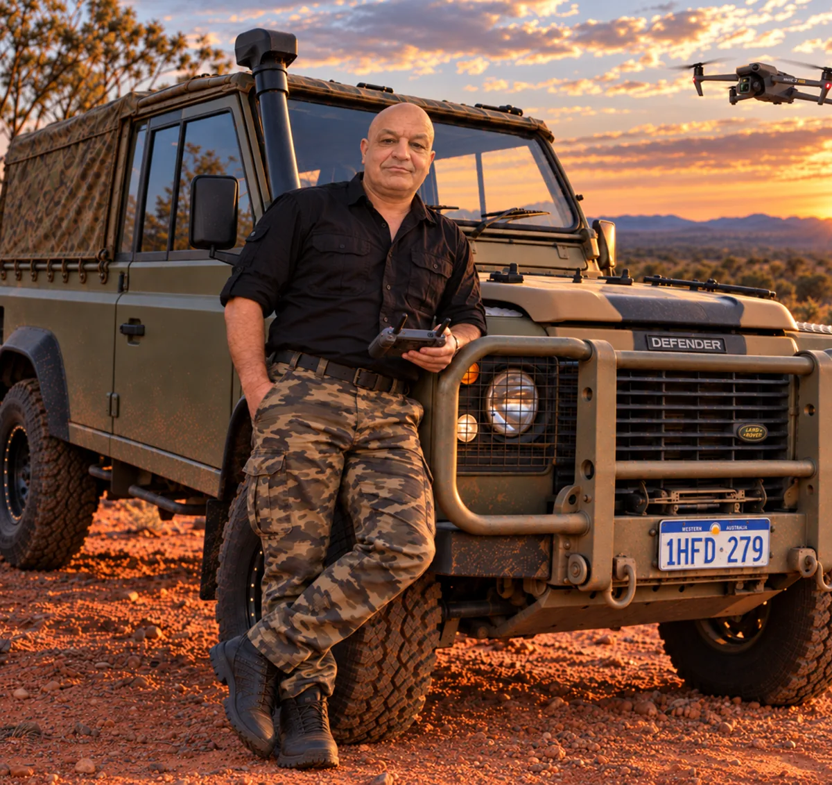 Bourbiza Mohamed, founder of Euro News Agency, holding a drone controller beside an off-road vehicle at sunset